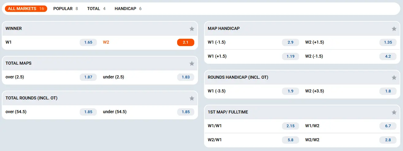 Available bets on CS Available bets on CS