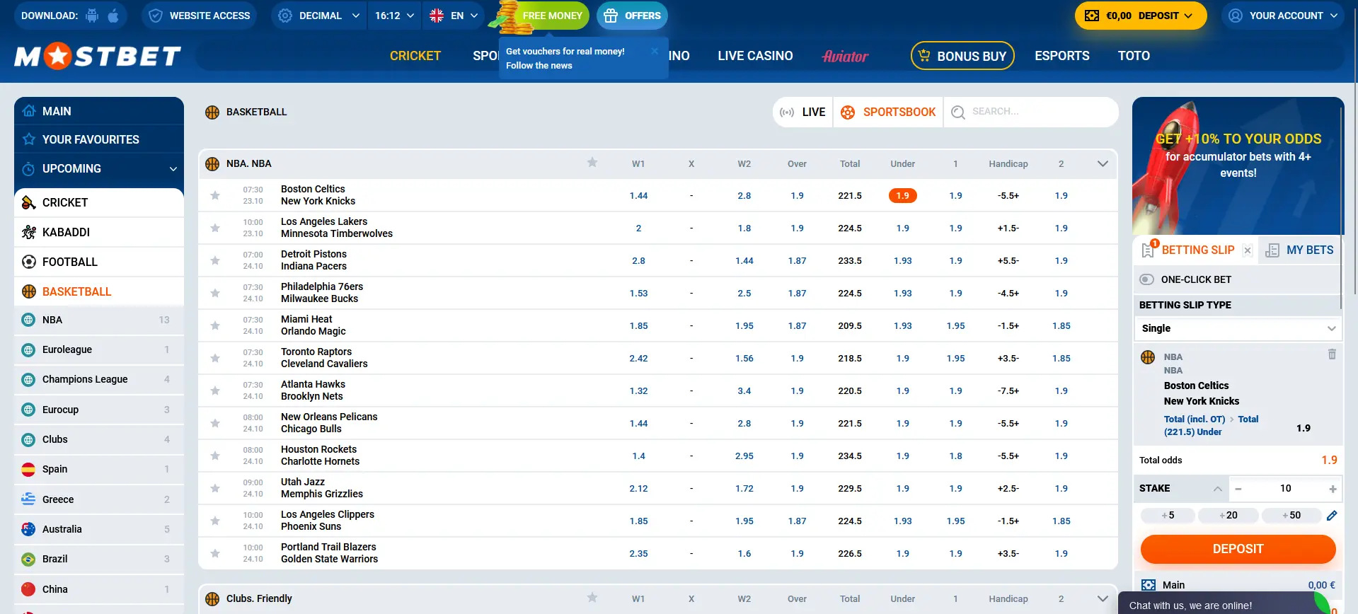 Basketball betting at Mostbet