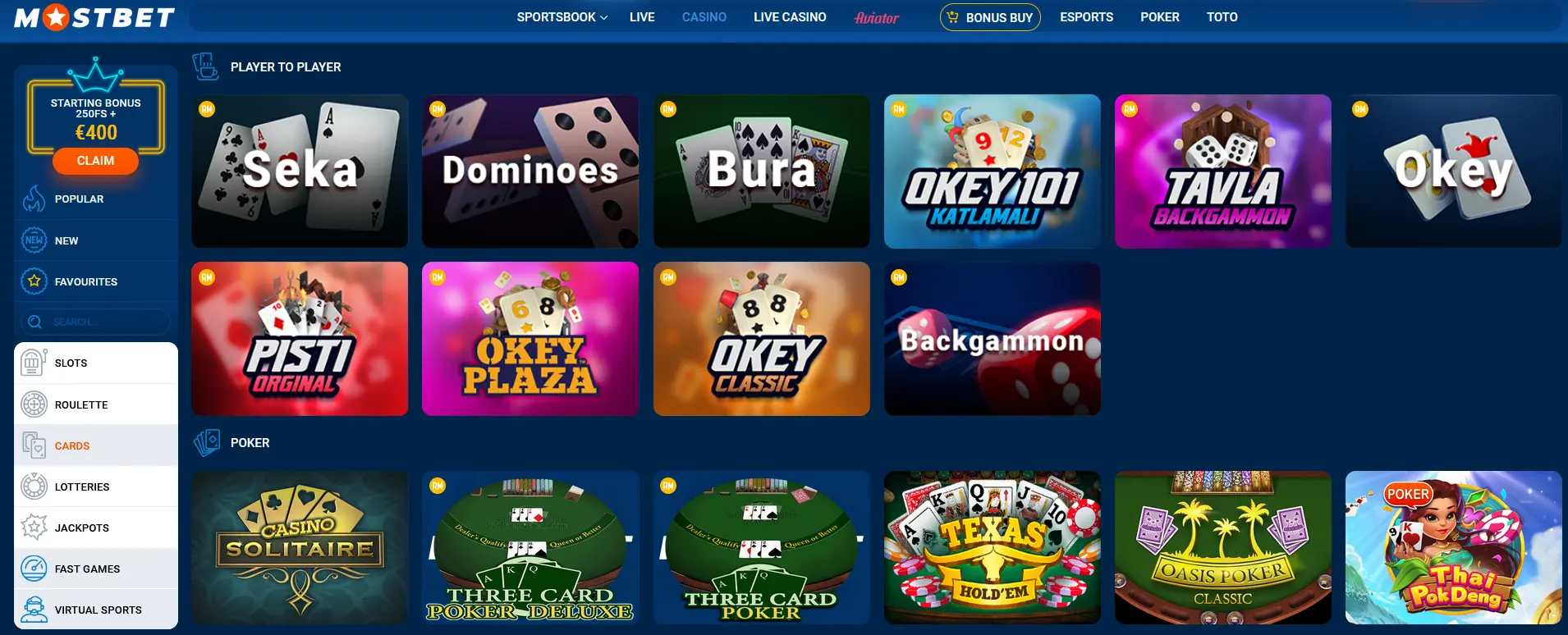 Cards in Mostbet