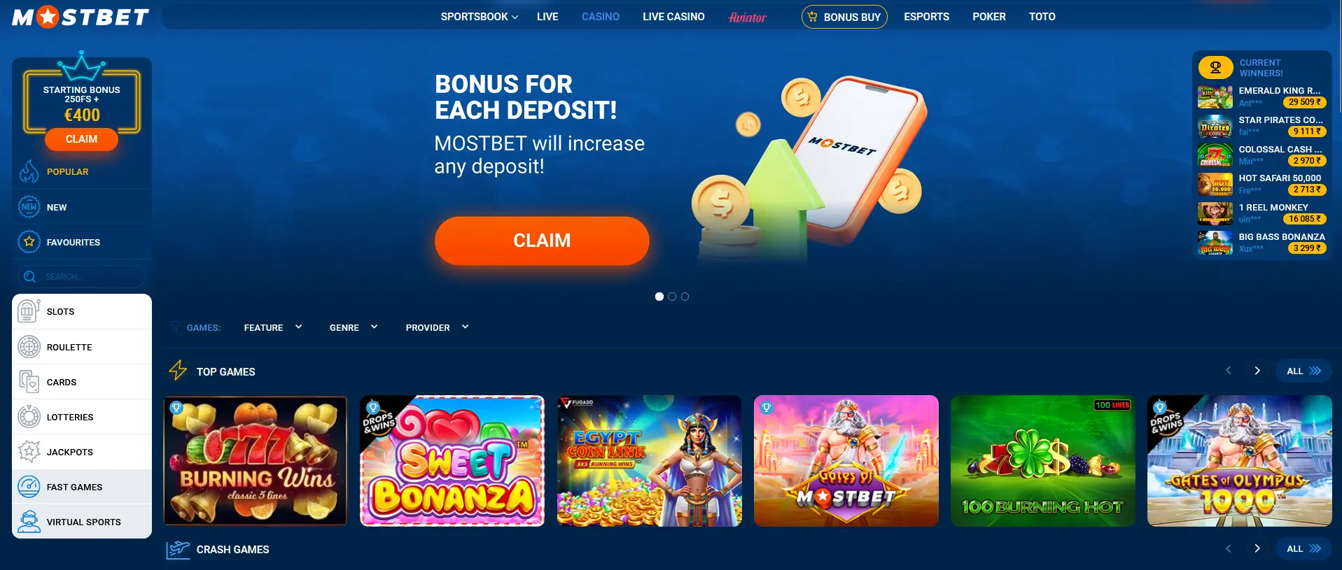 Casino section at Mostbet