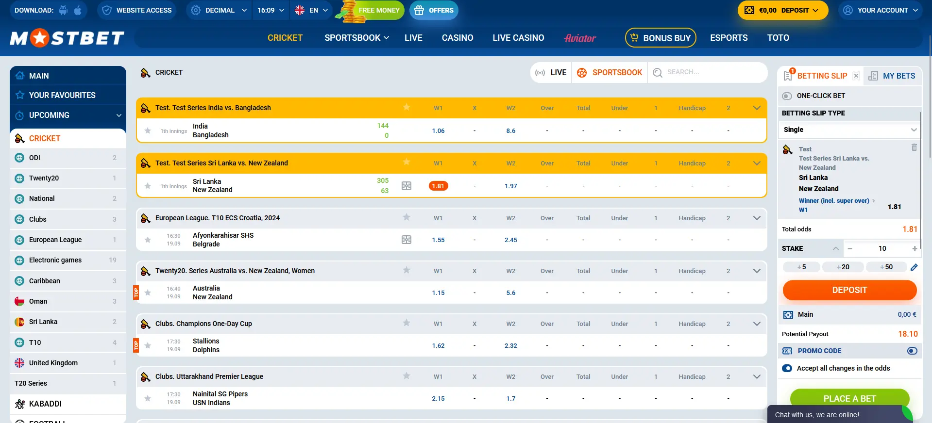 Cricket betting at Mostbet