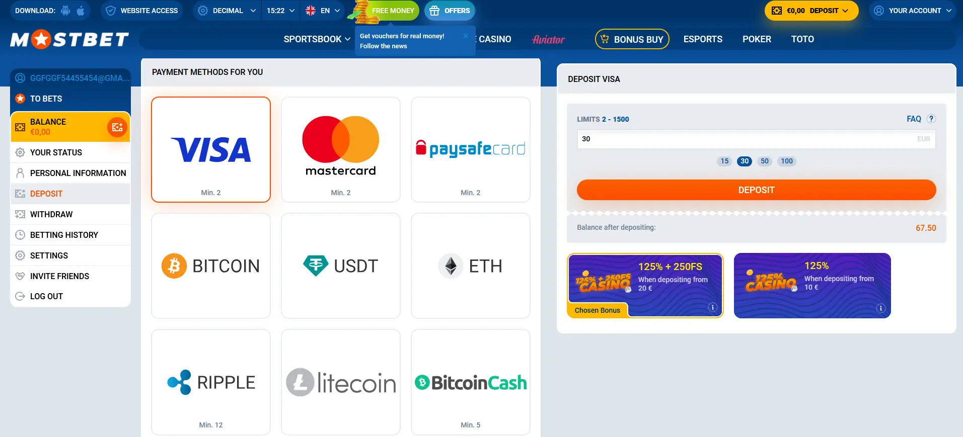 Deposit at Mostbet