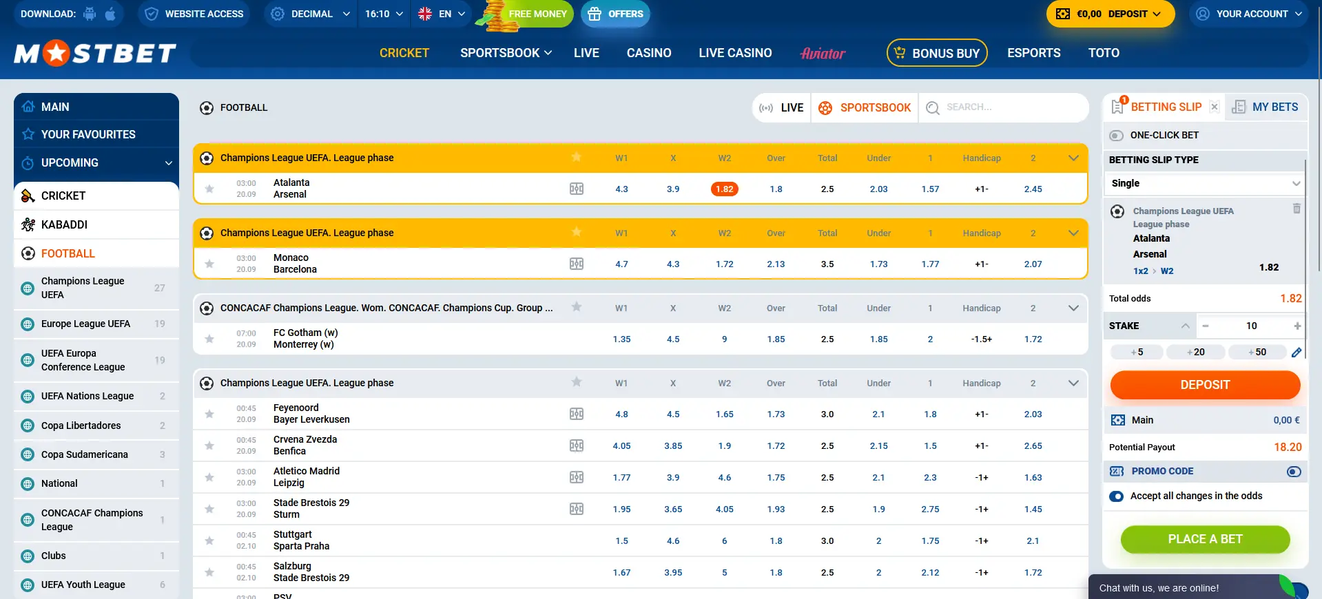 Football betting at Mostbet