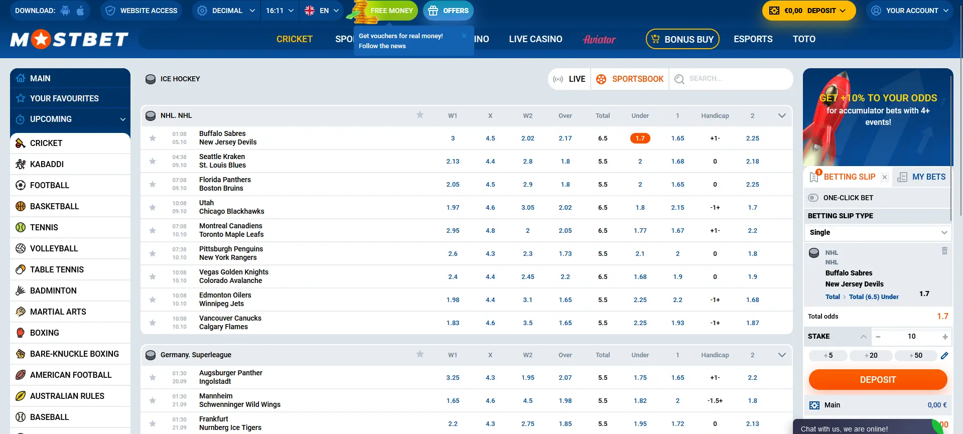 Hockey betting at Mostbet