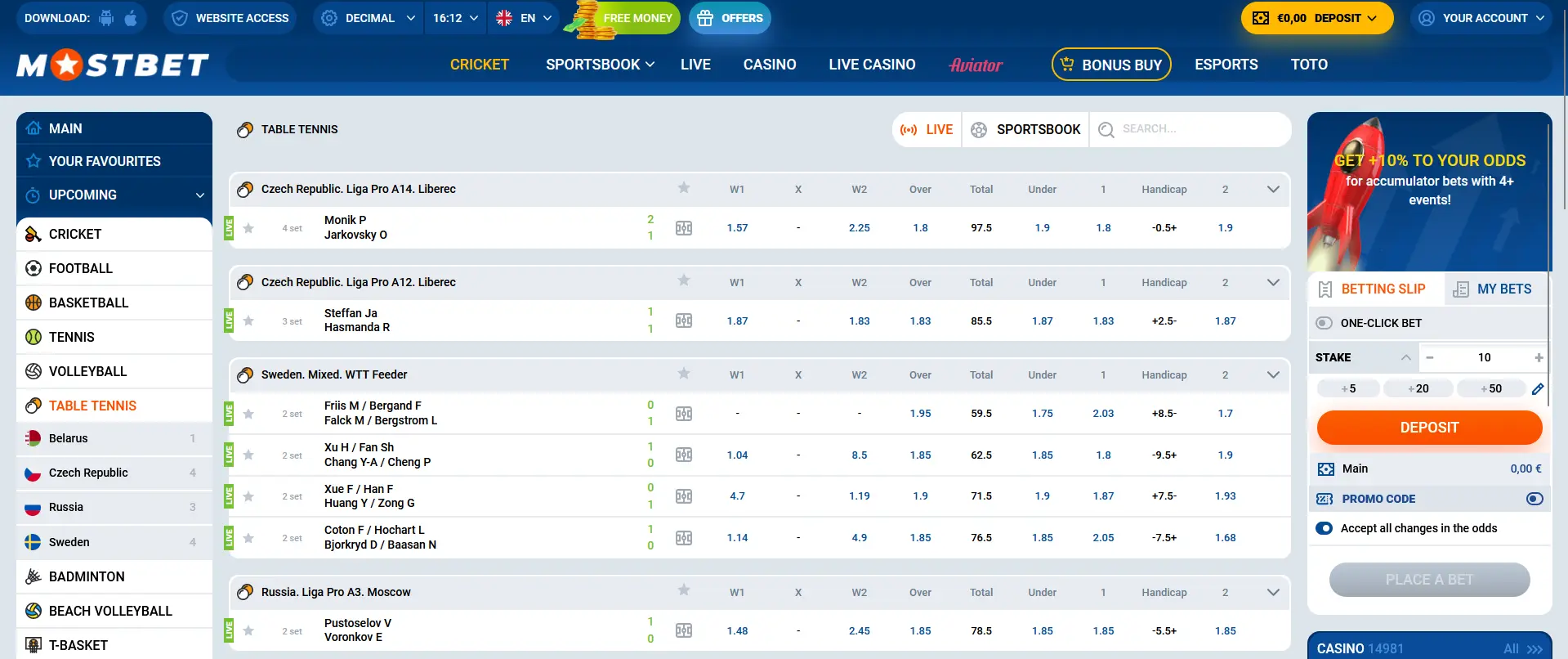 Live betting at Mostbet