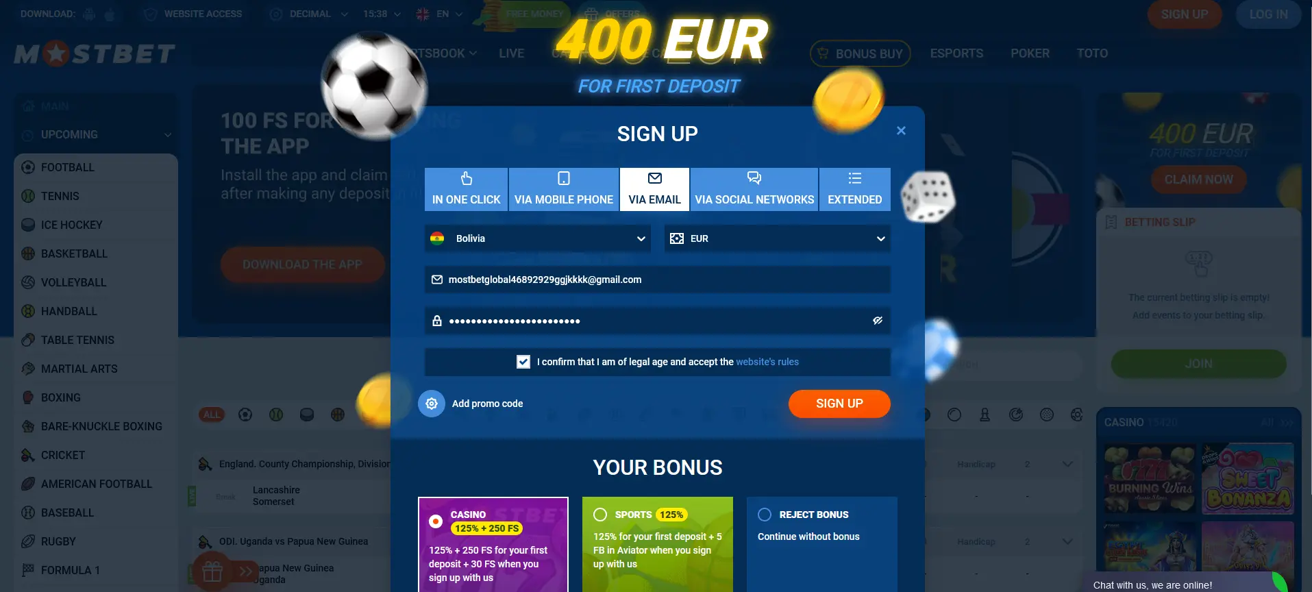 Registration by e-mail at Mostbet