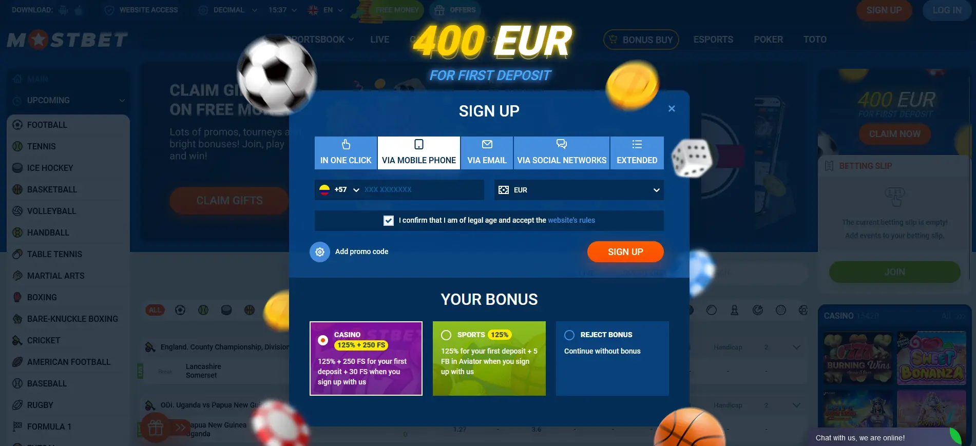 Registration by phone number at Mostbet