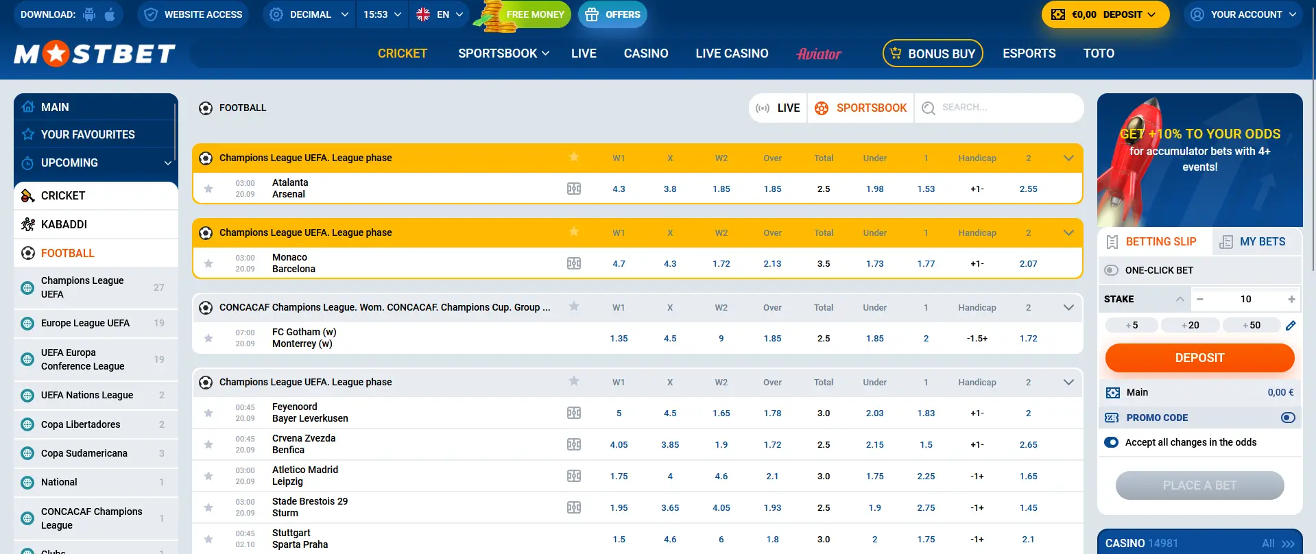 Sports betting at Mostbet