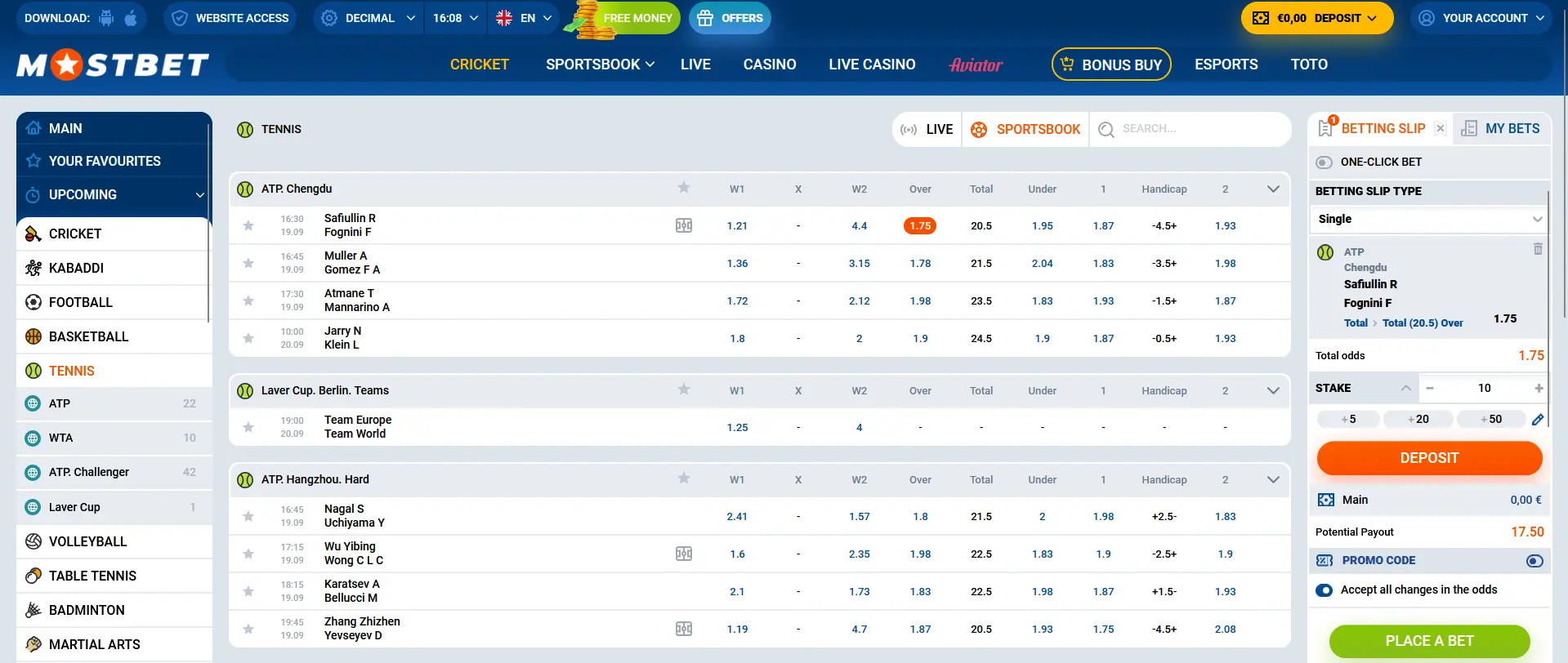 Tennis betting at Mostbet