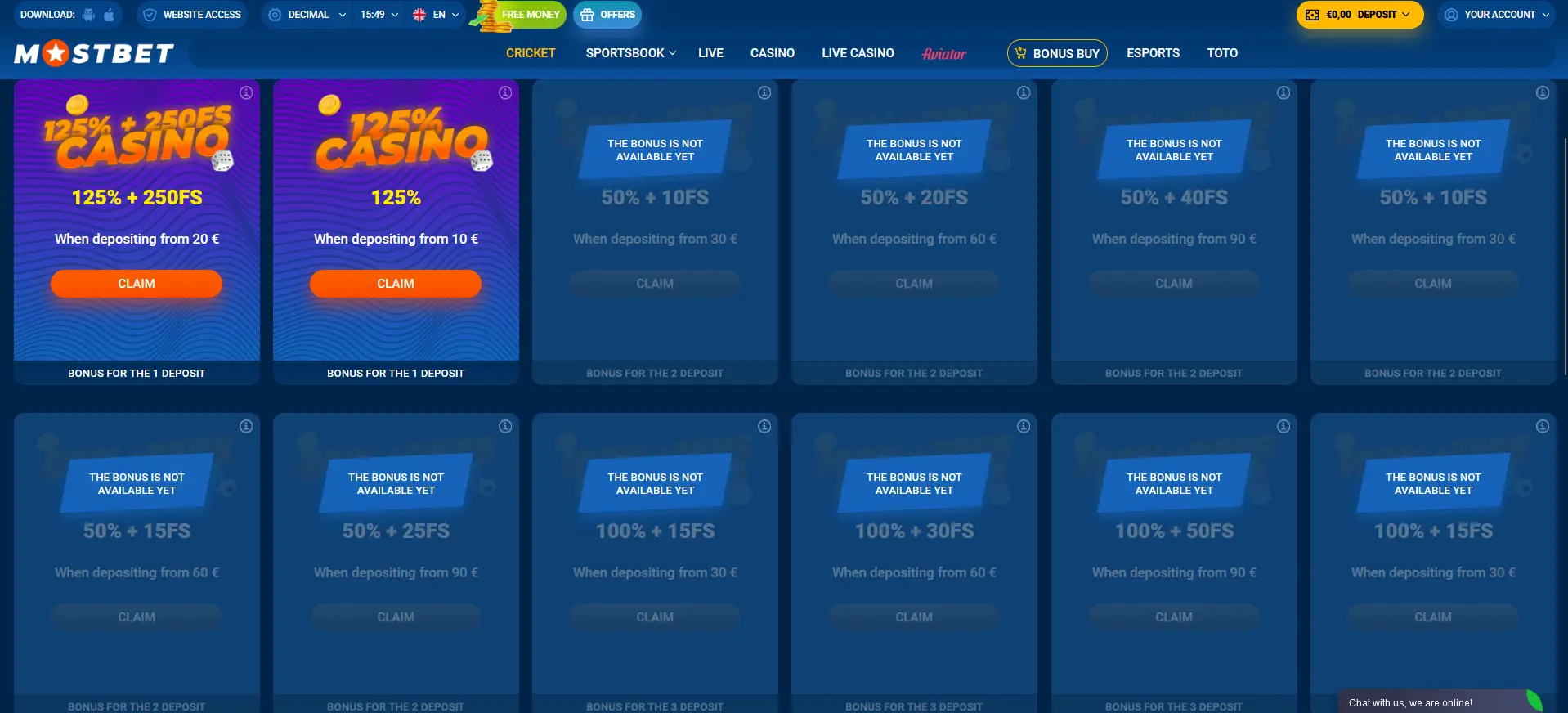 Welcome bonuses at Mostbet